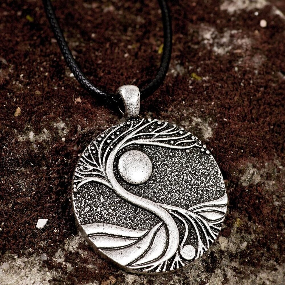 Tree of Life Necklace, Vintage Antique Tree of Life Moon Pendant, Faux Leather C - Picture 2 of 6